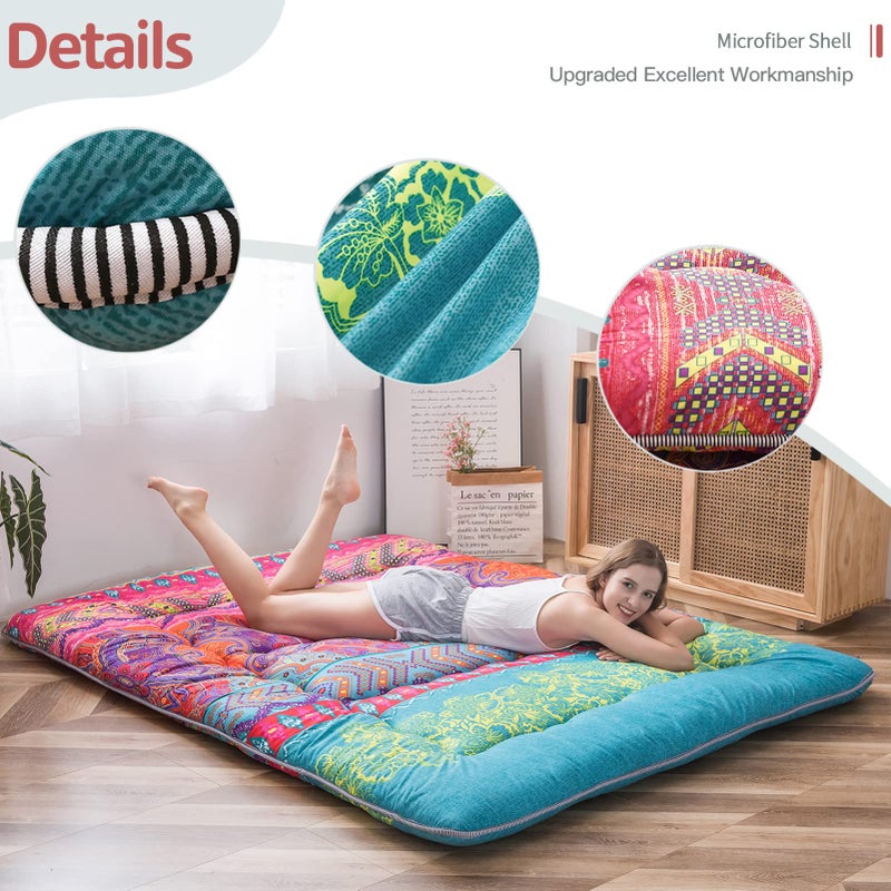 MAXYOYO Bohemian Retro Mattress Boho Floral Style Japanese Futon Mattress Tatami Floor Mat Foldable Lounger Portable Camping Sleeping Pad Couch Bed Twin Size - Image 2
